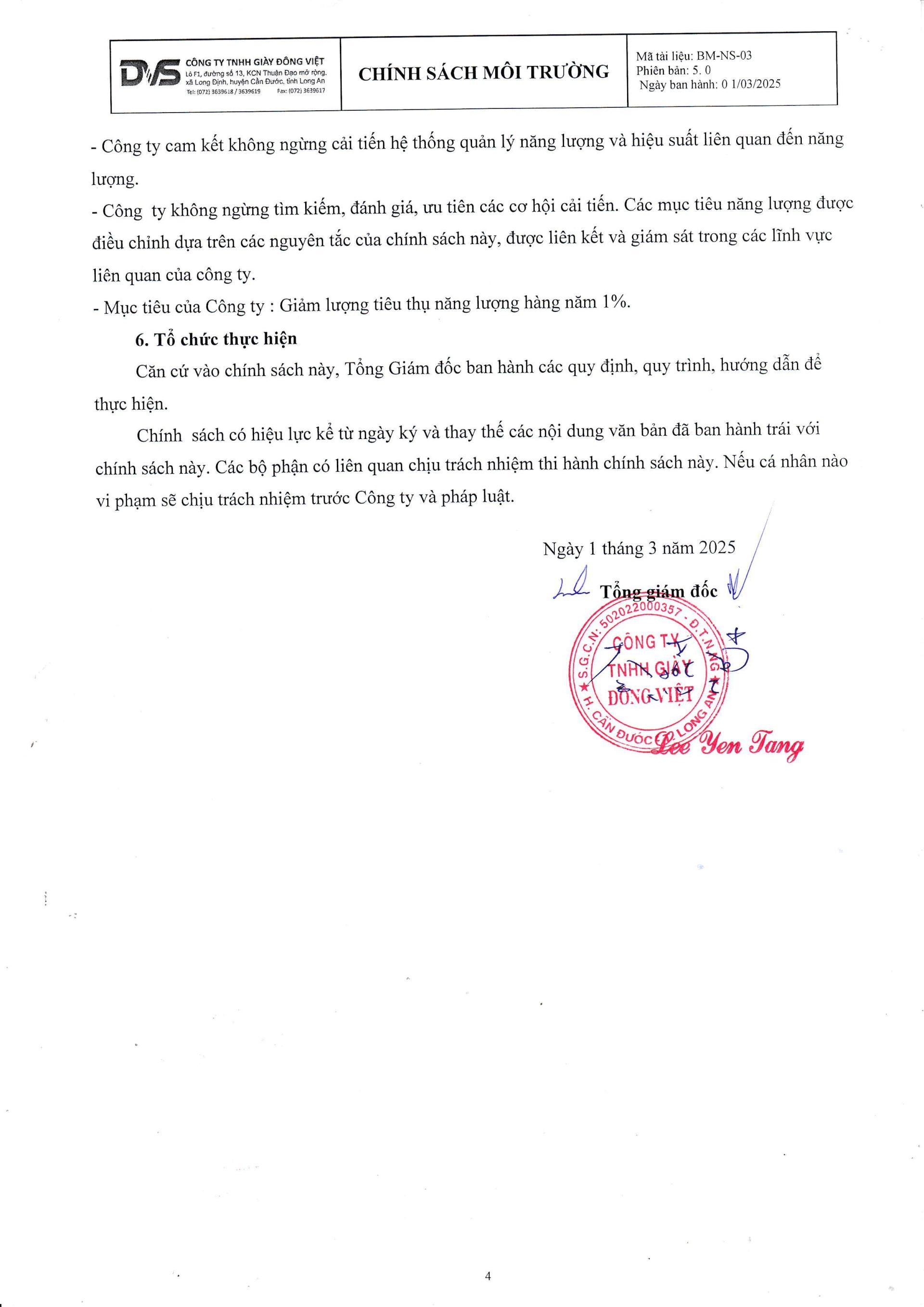 CHÍNH SÁCH VÀ CAM KẾT VỀ MỘI TRƯỜNG